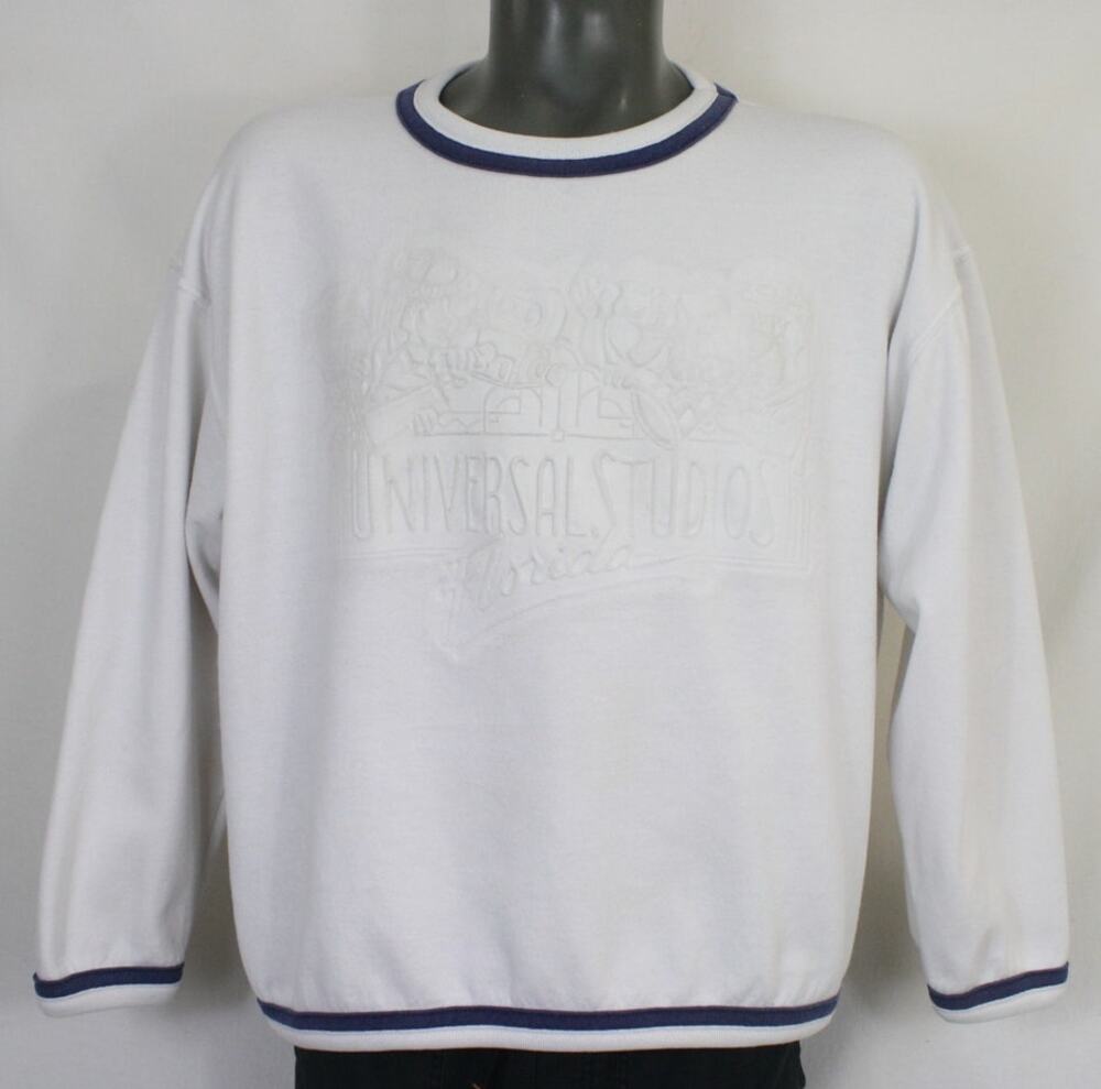Vintage 90s Universal Studios Crewneck Sweatshirt USA 3D Embossed White Mens XL
